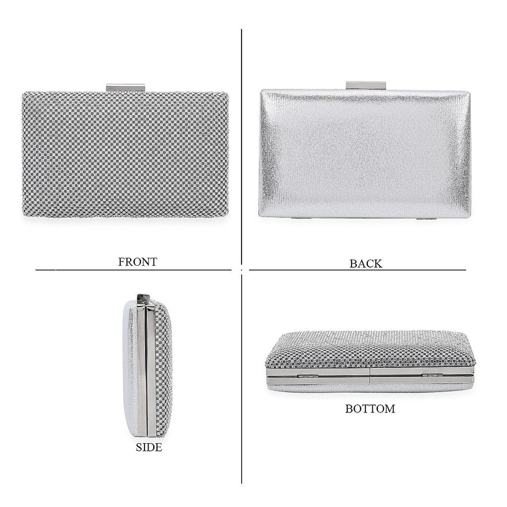 3 Pieces Crystal Accessory Set - Crystal Patterned Clutch, Sparkling Bracelet and Dangling Earrings (Size 21x11x1 cm) - Silver