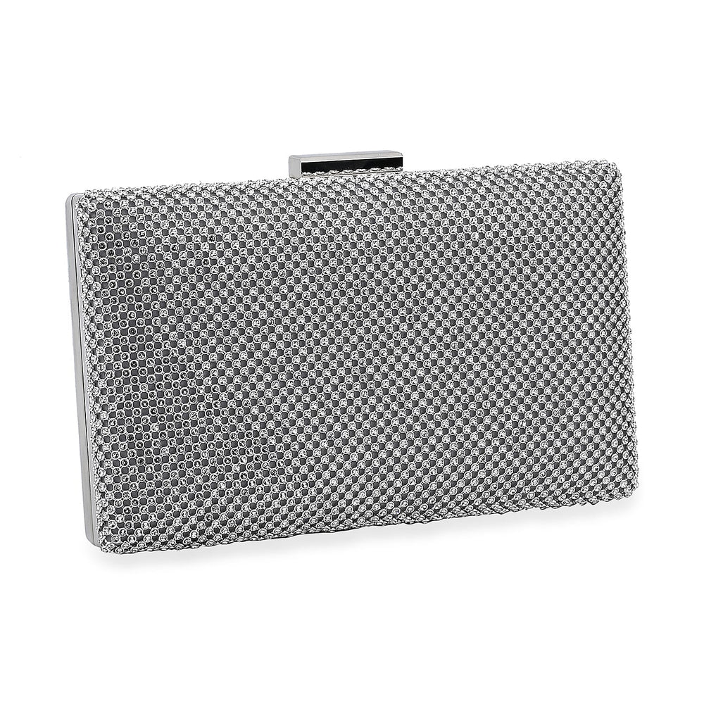 3 Pieces Crystal Accessory Set - Crystal Patterned Clutch, Sparkling Bracelet and Dangling Earrings (Size 21x11x1 cm) - Silver