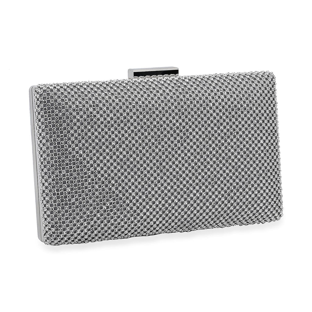 3 Pieces Crystal Accessory Set - Crystal Patterned Clutch, Sparkling Bracelet and Dangling Earrings (Size 21x11x1 cm) - Silver