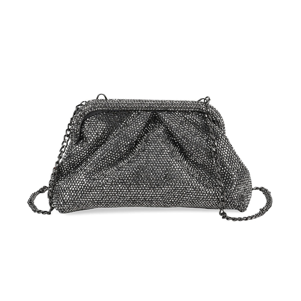 Crystal Embellished Pouch Clutch Bag with Silver Chain Strap - Gun