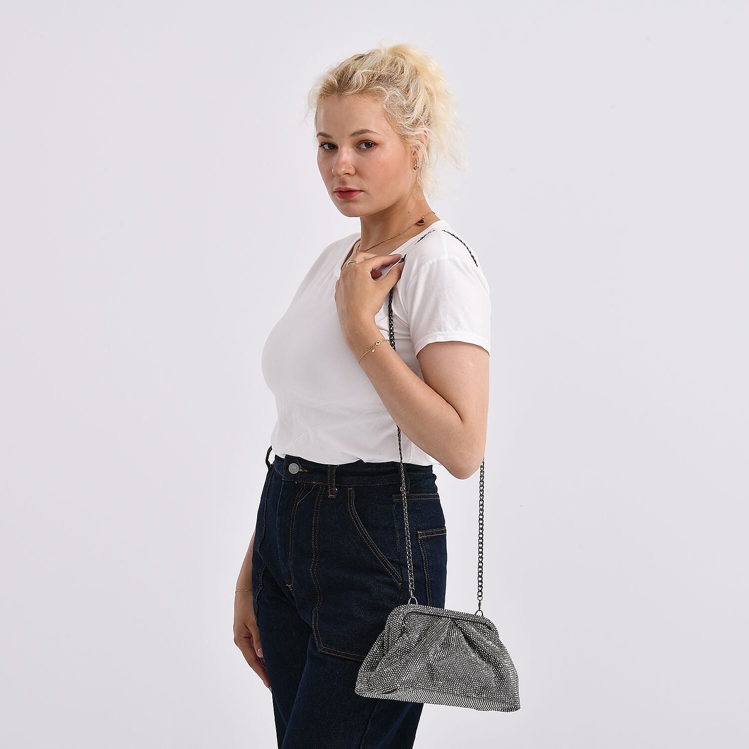 Crystal Embellished Pouch Clutch Bag with Silver Chain Strap - Gun