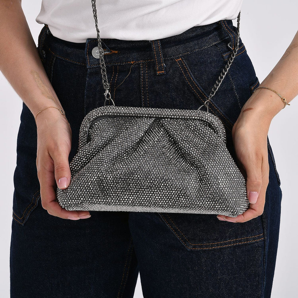 Crystal Embellished Pouch Clutch Bag with Silver Chain Strap - Gun