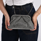 Crystal Embellished Pouch Clutch Bag with Silver Chain Strap - Gun