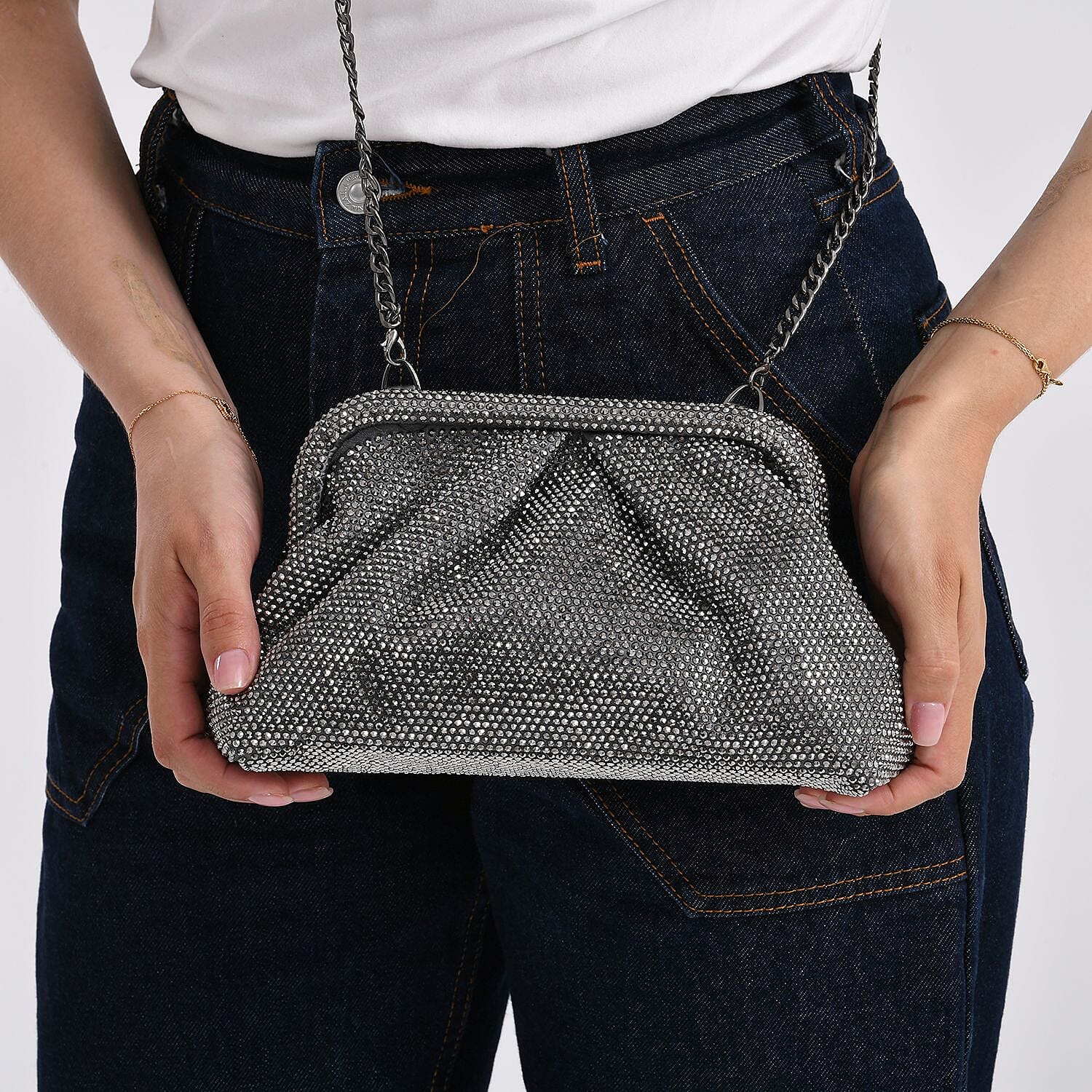 Crystal Embellished Pouch Clutch Bag with Silver Chain Strap - Gun