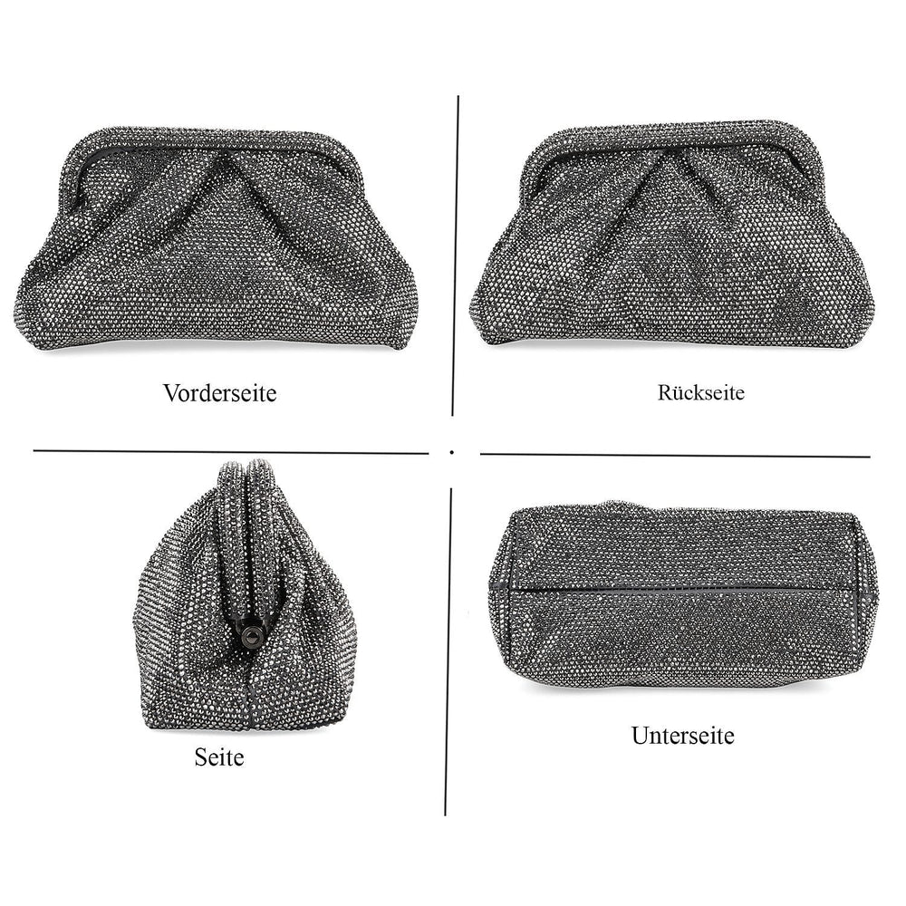 Crystal Embellished Pouch Clutch Bag with Silver Chain Strap - Gun