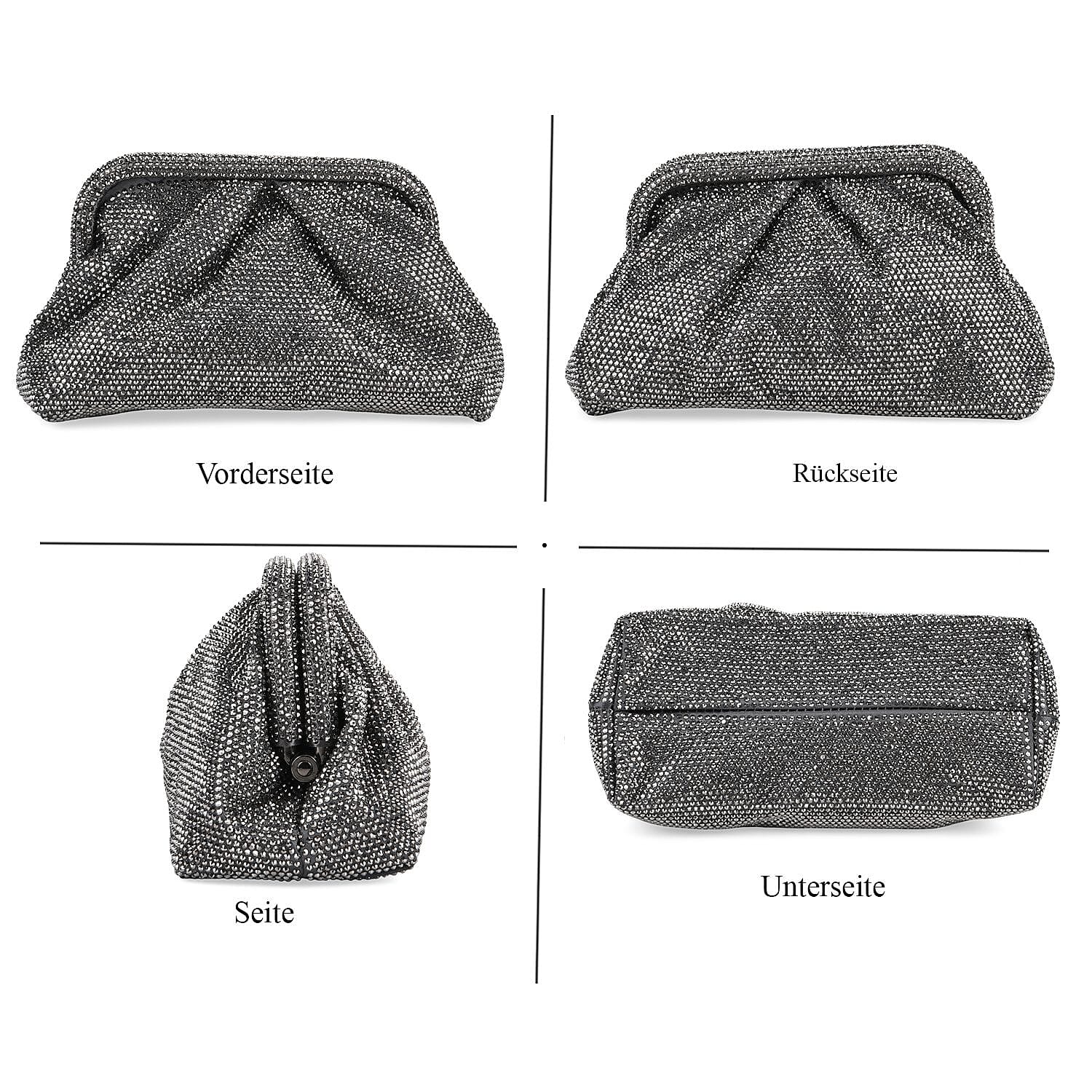 Crystal Embellished Pouch Clutch Bag with Silver Chain Strap - Gun