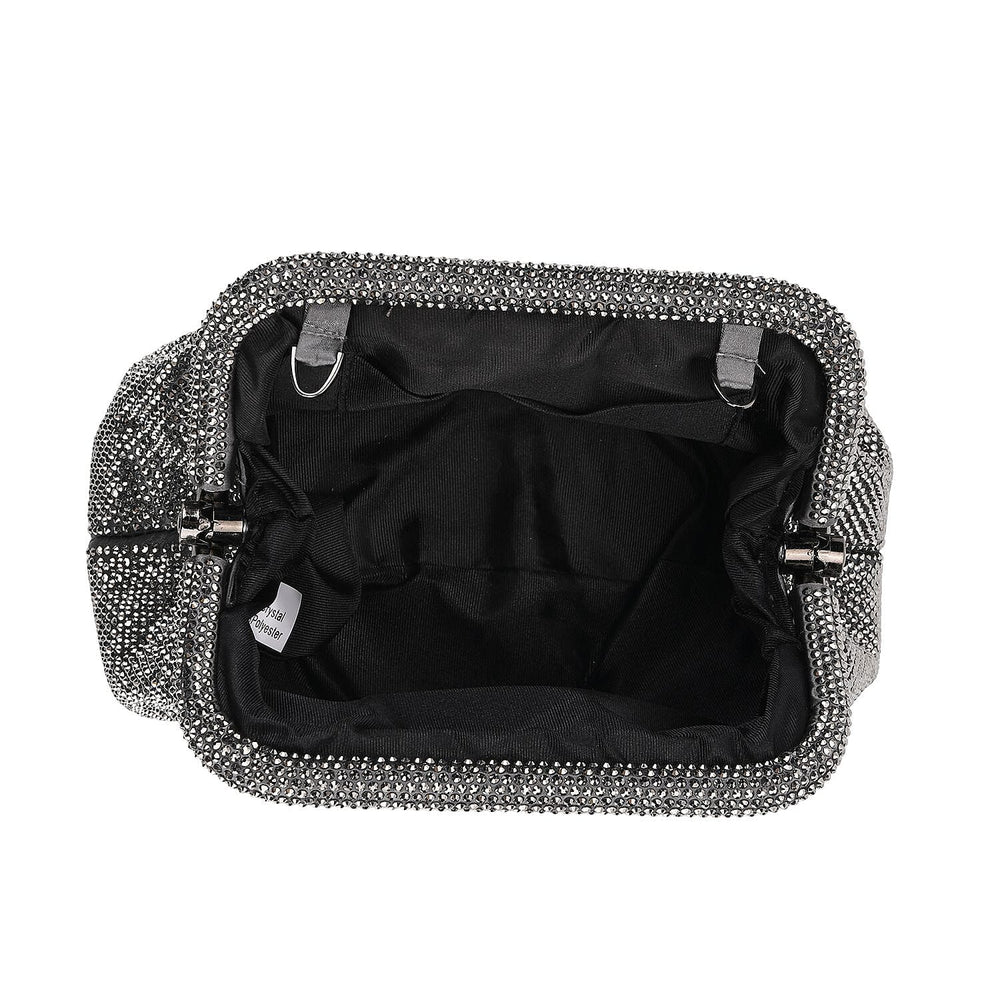 Crystal Embellished Pouch Clutch Bag with Silver Chain Strap - Gun