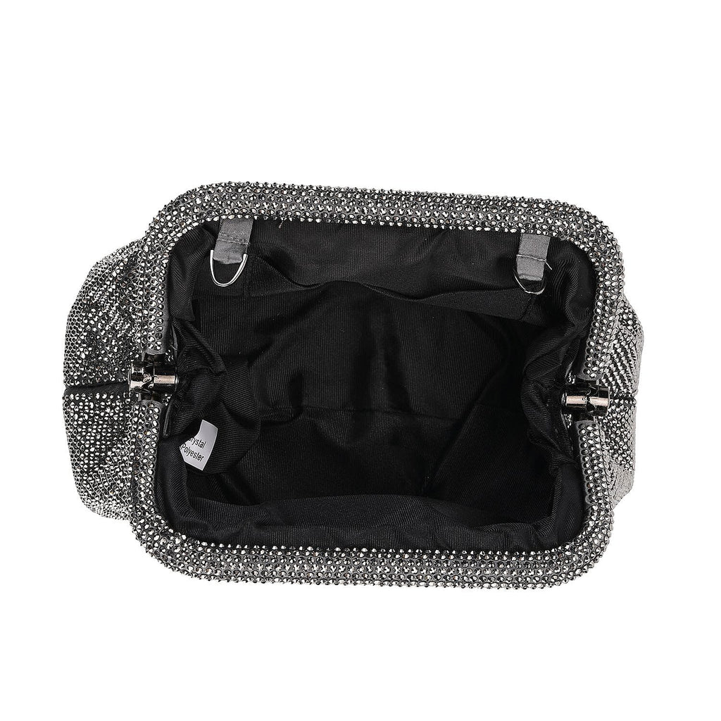 Crystal Embellished Pouch Clutch Bag with Silver Chain Strap - Gun