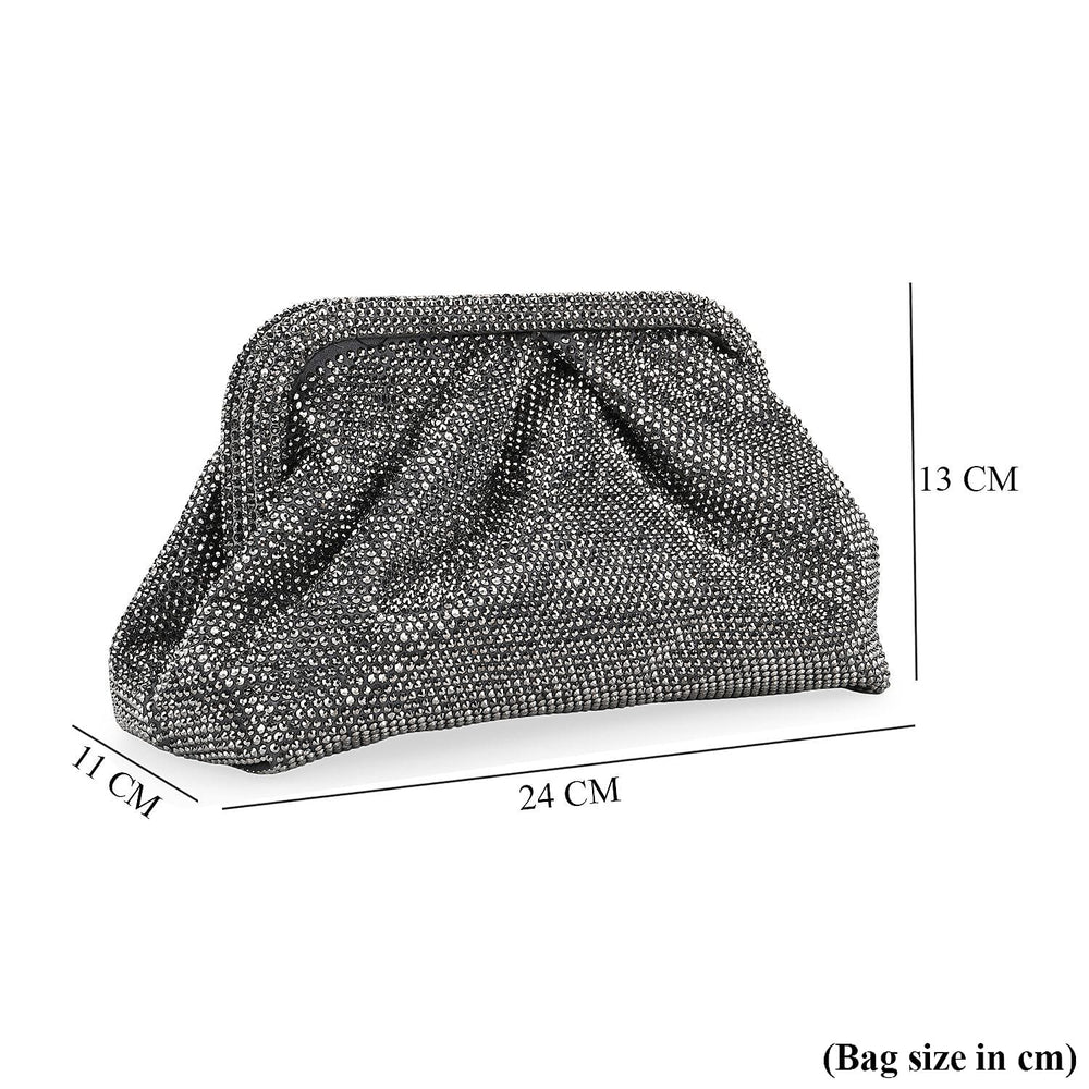 Crystal Embellished Pouch Clutch Bag with Silver Chain Strap - Gun