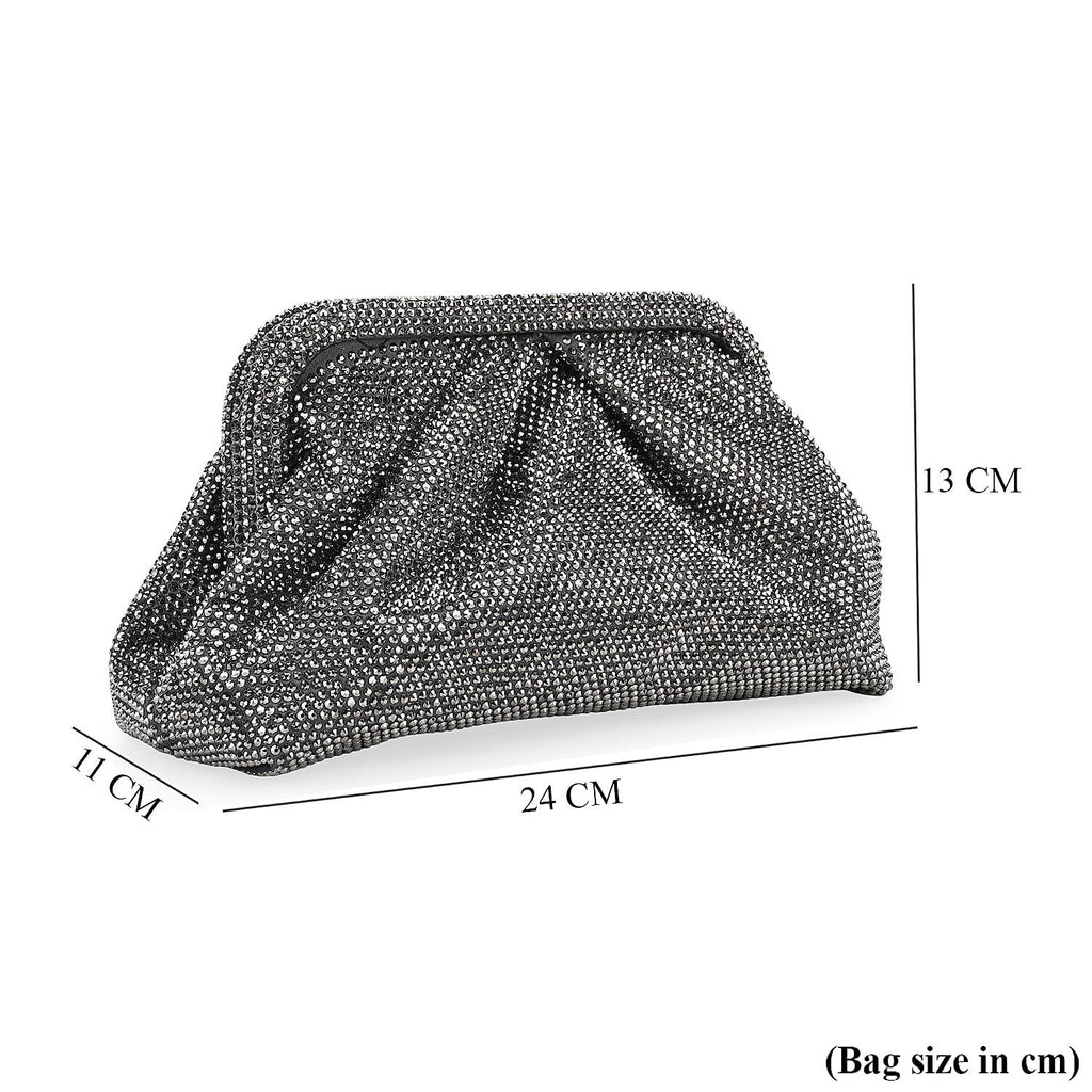 Crystal Embellished Pouch Clutch Bag with Silver Chain Strap - Gun