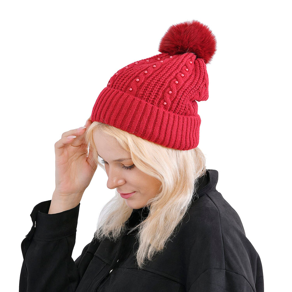 Cuff Beanie with Faux Pearl (22 x 21cm) - Red