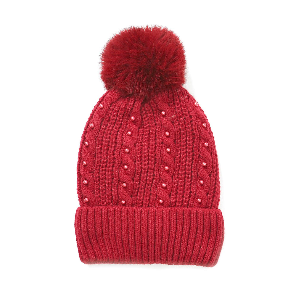 Cuff Beanie with Faux Pearl (22 x 21cm) - Red