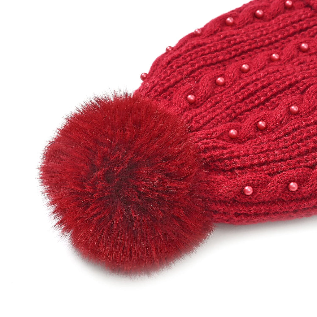 Cuff Beanie with Faux Pearl (22 x 21cm) - Red