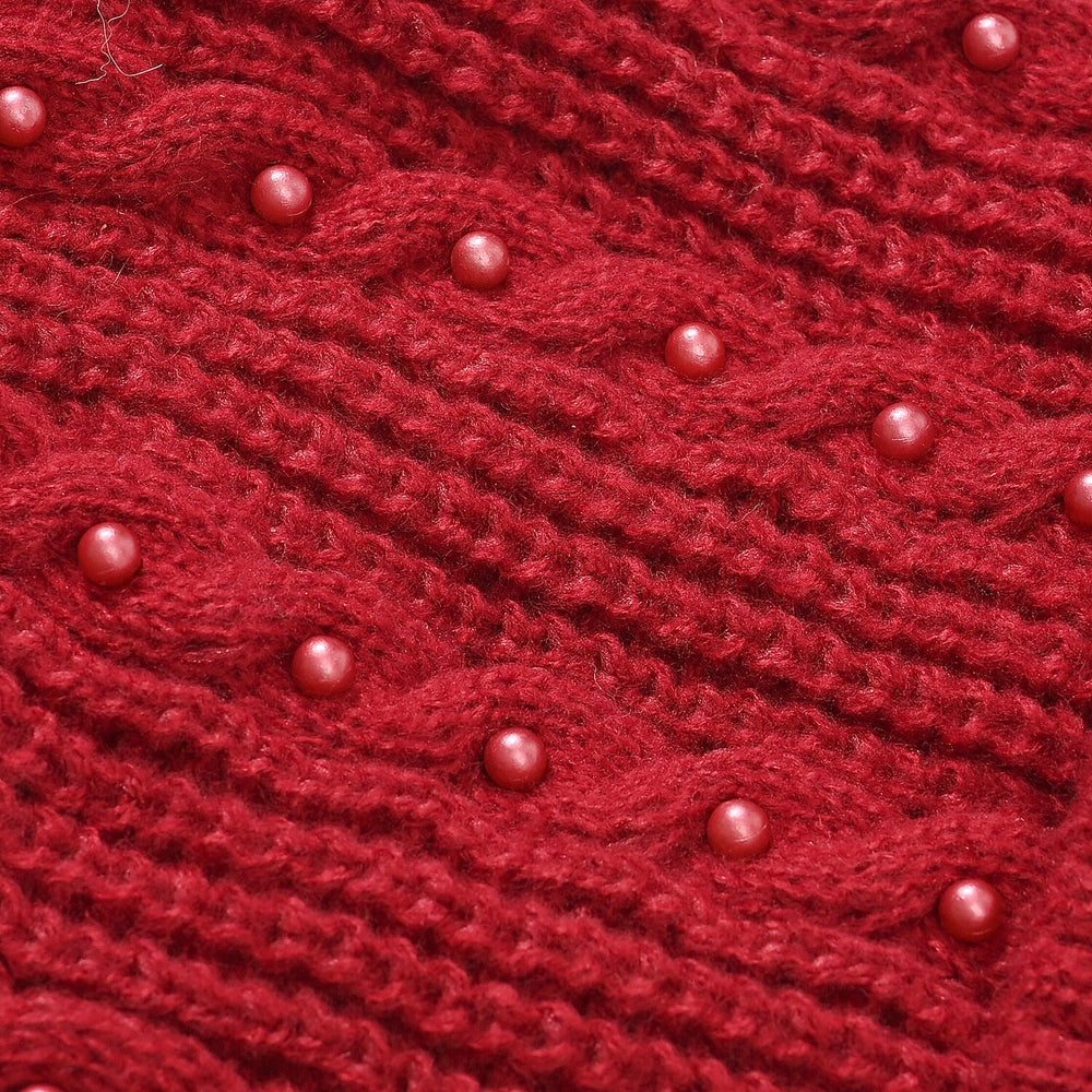 Cuff Beanie with Faux Pearl (22 x 21cm) - Red