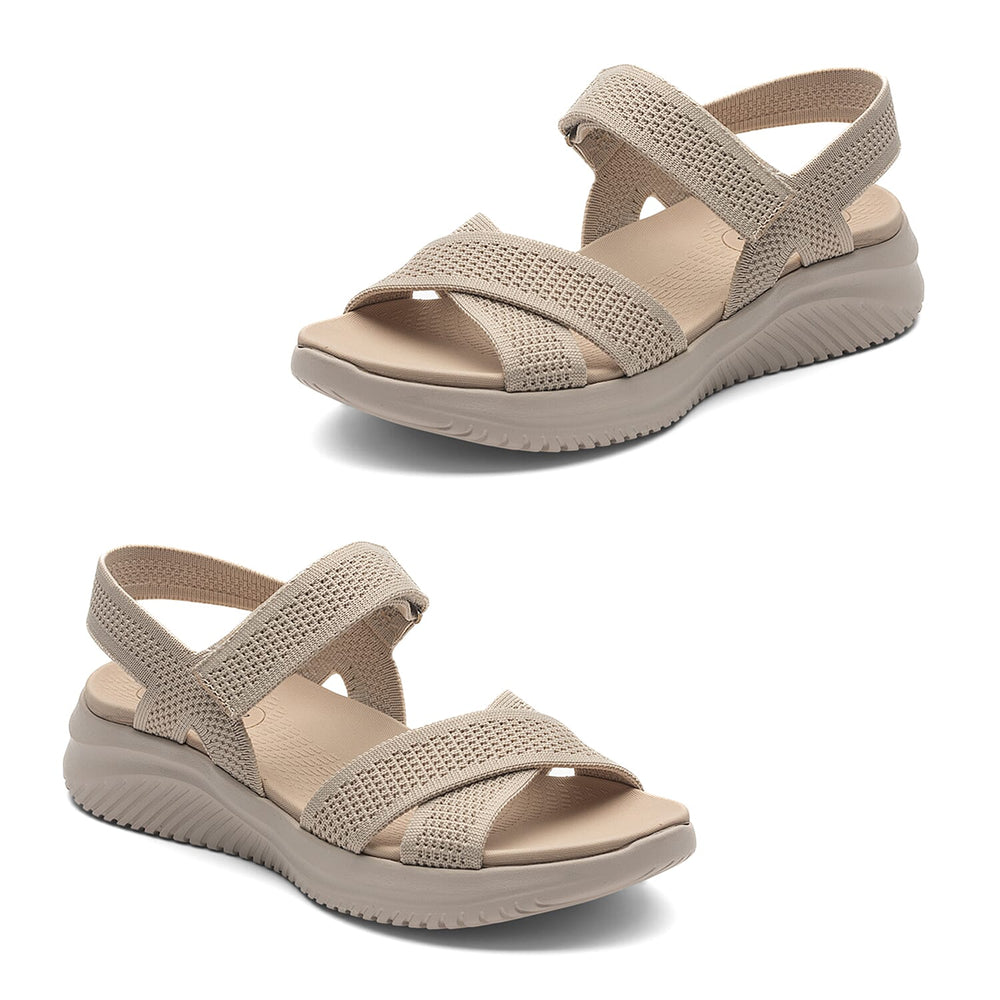 Cushion Walk Steph Lifestyle Collection Classic Stretch Knit Crossover Strap Sandals With Touch And Close Strap And Extra Padding (Size 7) - Beige