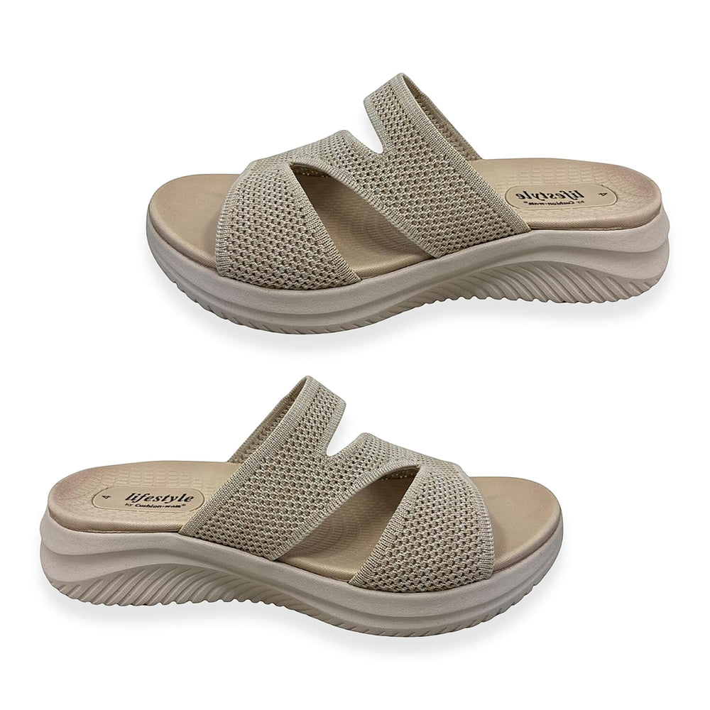 Cushion Walk Lifestyle Collection Stretch Knit Slip-On Sandals With Extra Padding (Size 7) - Beige