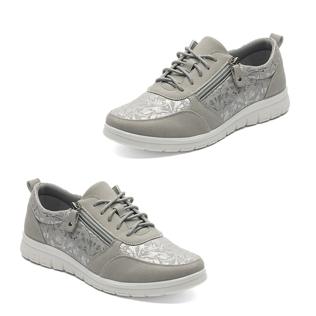 Cushion Walk Teri Ladies Multi Textured Laced Slip-On Design Sneakers With Removable Active Comfort Insole And Side Zip (Size 5) - Silver