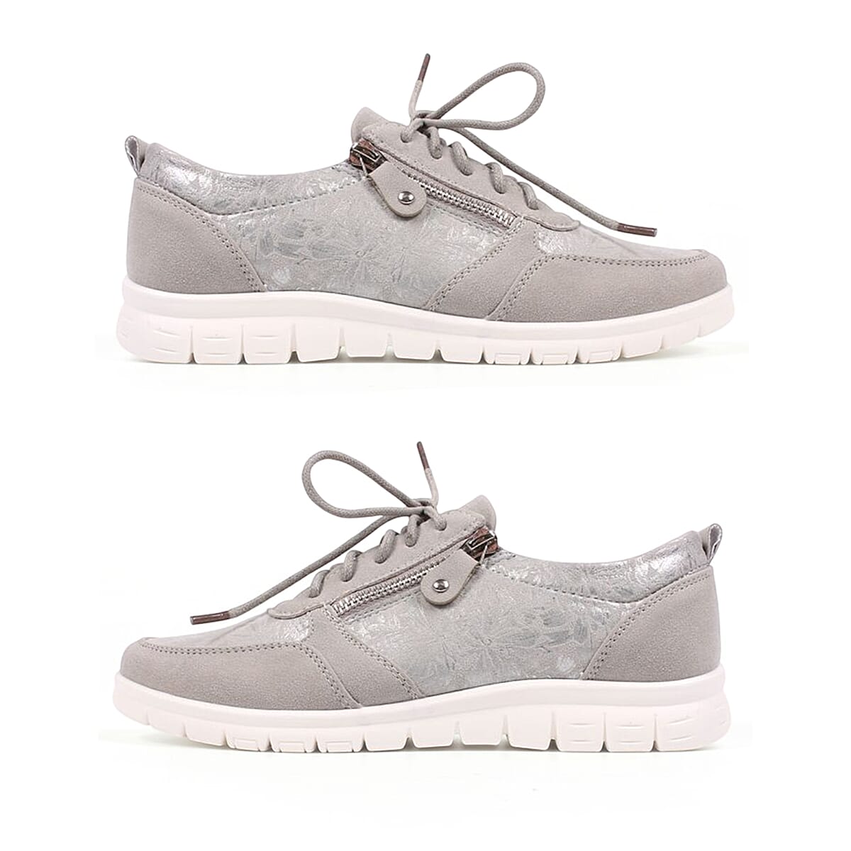 Cushion Walk Teri Ladies Multi Textured Laced Slip-On Design Sneakers With Removable Active Comfort Insole And Side Zip (Size 5) - Silver