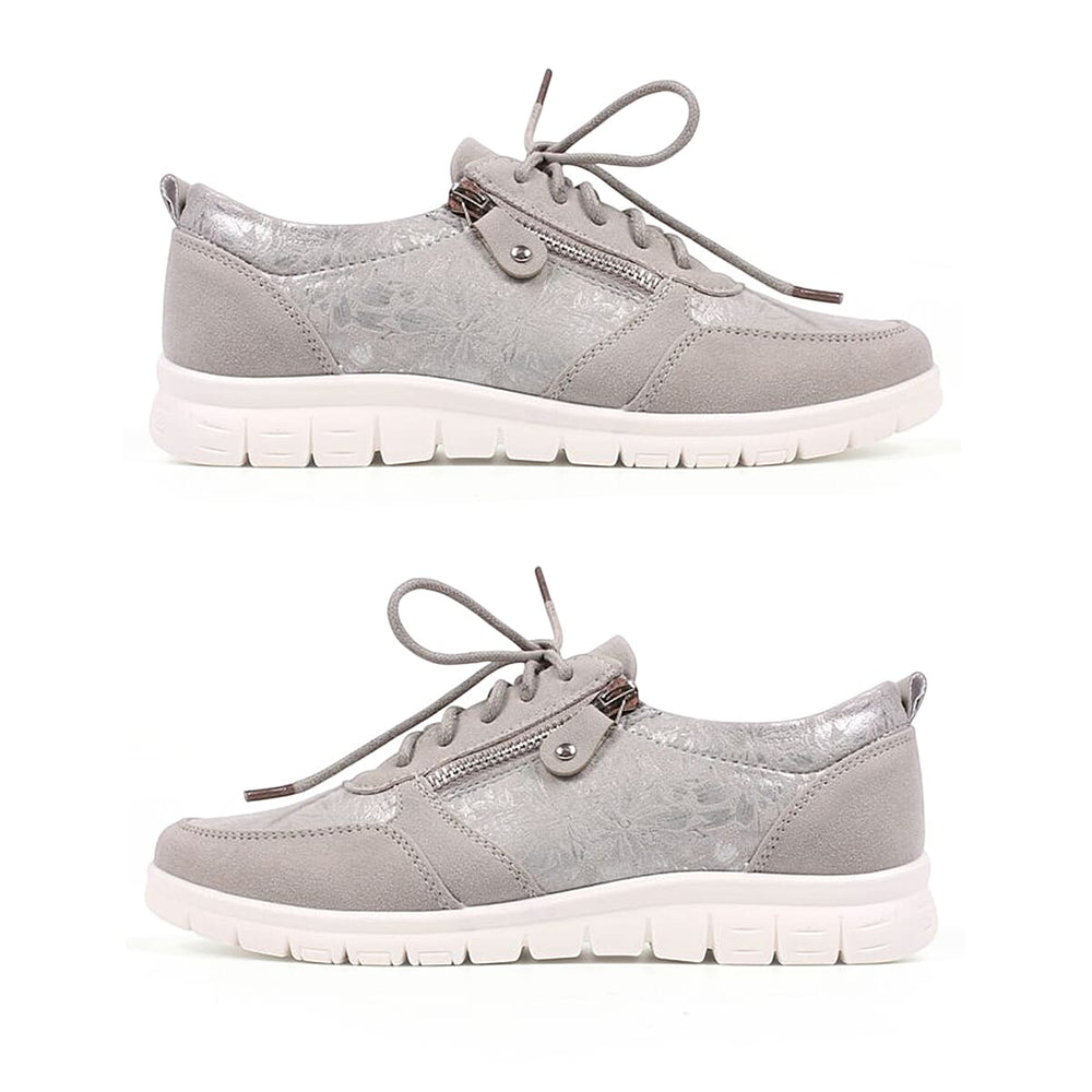 Cushion Walk Teri Ladies Multi Textured Laced Slip-On Design Sneakers With Removable Active Comfort Insole And Side Zip (Size 6) - Silver