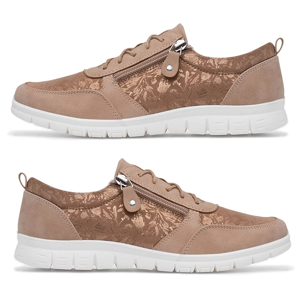 Cushion Walk Teri Ladies Multi Textured Laced Slip-On Design Sneakers With Removable Active Comfort Insole And Side Zip (Size 7) - Rose