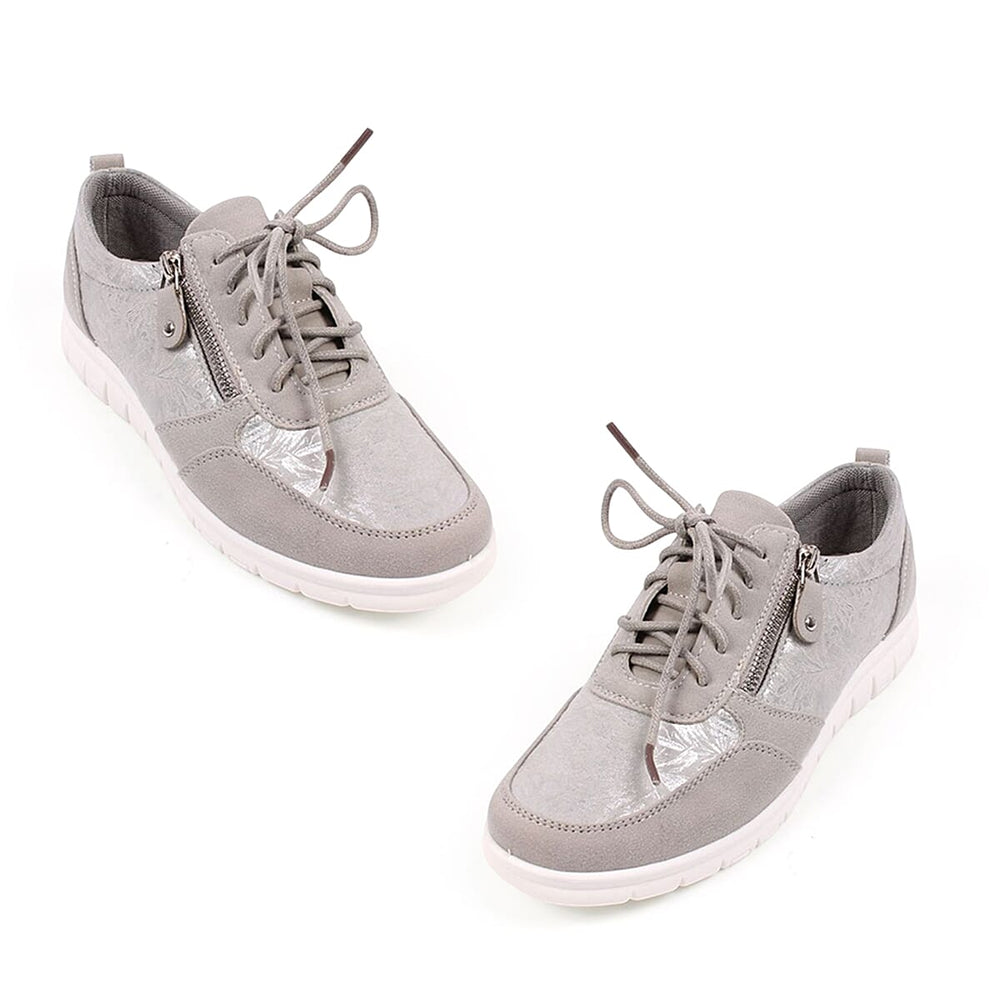 Cushion Walk Teri Ladies Multi Textured Laced Slip-On Design Sneakers With Removable Active Comfort Insole And Side Zip (Size 7) - Silver