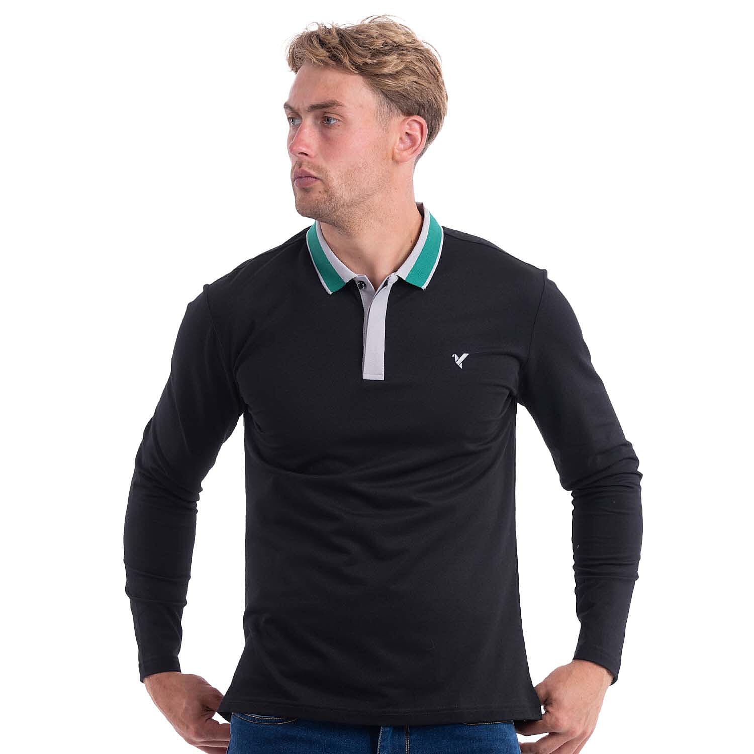 D Rock Stripe Collar Polo Shirt (Size L) - Black