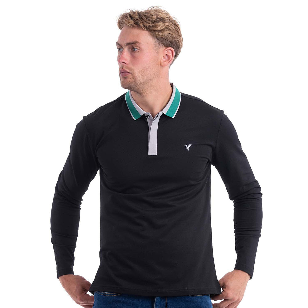 D Rock Stripe Collar Polo Shirt (Size M) - Black