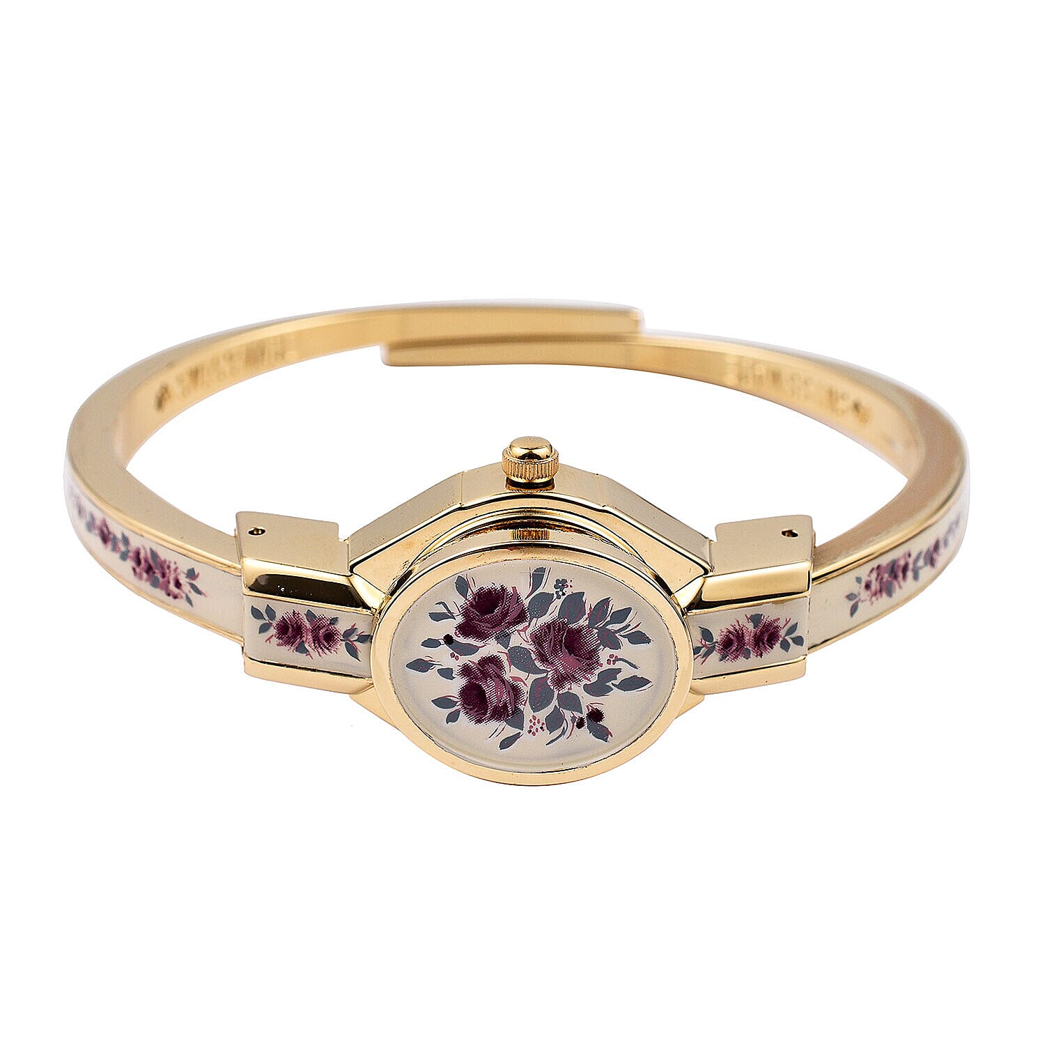 Andre Mouche Swiss Ronda Movement Red Floral Pattern Ladies Bangle Watch (Size 7 - 7.5)