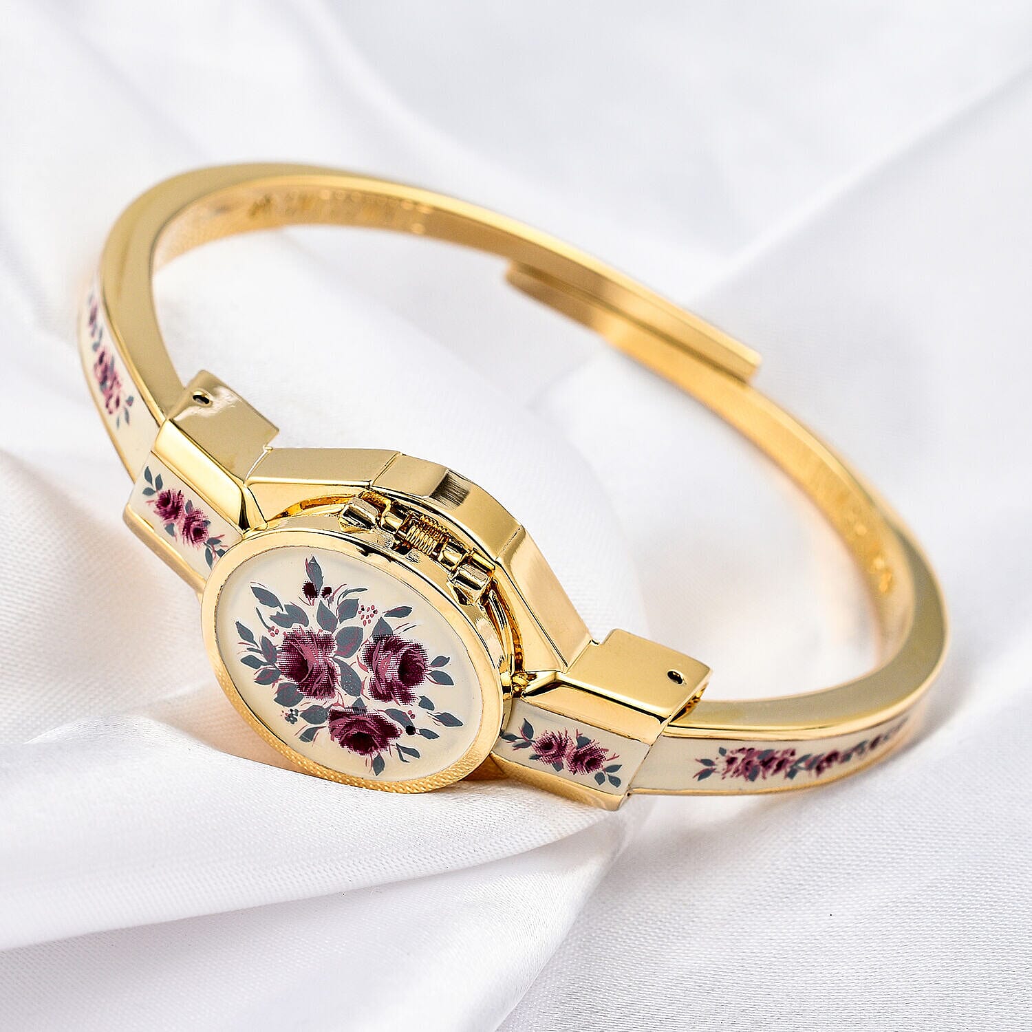Andre Mouche Swiss Ronda Movement Red Floral Pattern Ladies Bangle Watch (Size 7 - 7.5)