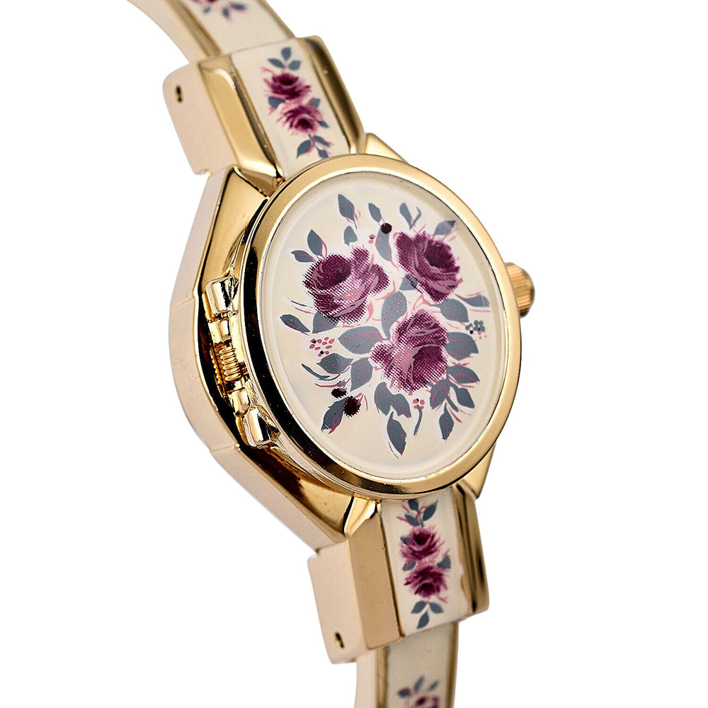 Andre Mouche Swiss Ronda Movement Red Floral Pattern Ladies Bangle Watch (Size 7 - 7.5)