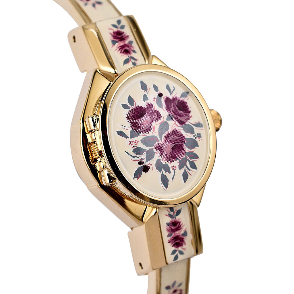 Andre Mouche Swiss Ronda Movement Red Floral Pattern Ladies Bangle Watch (Size 7 - 7.5)