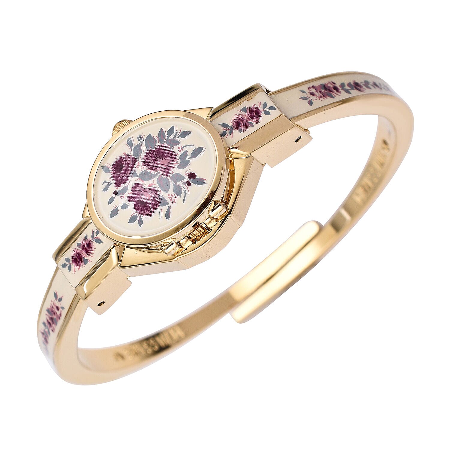 Andre Mouche Swiss Ronda Movement Red Floral Pattern Ladies Bangle Watch (Size 7 - 7.5)