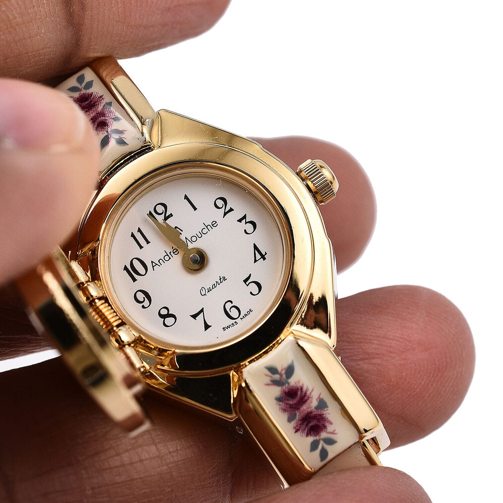 Andre Mouche Swiss Ronda Movement Red Floral Pattern Ladies Bangle Watch (Size 7 - 7.5)