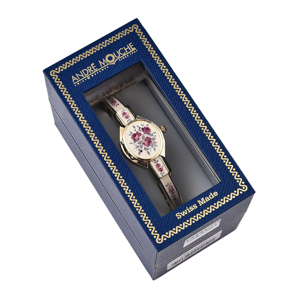 Andre Mouche Swiss Ronda Movement Red Floral Pattern Ladies Bangle Watch (Size 7 - 7.5)