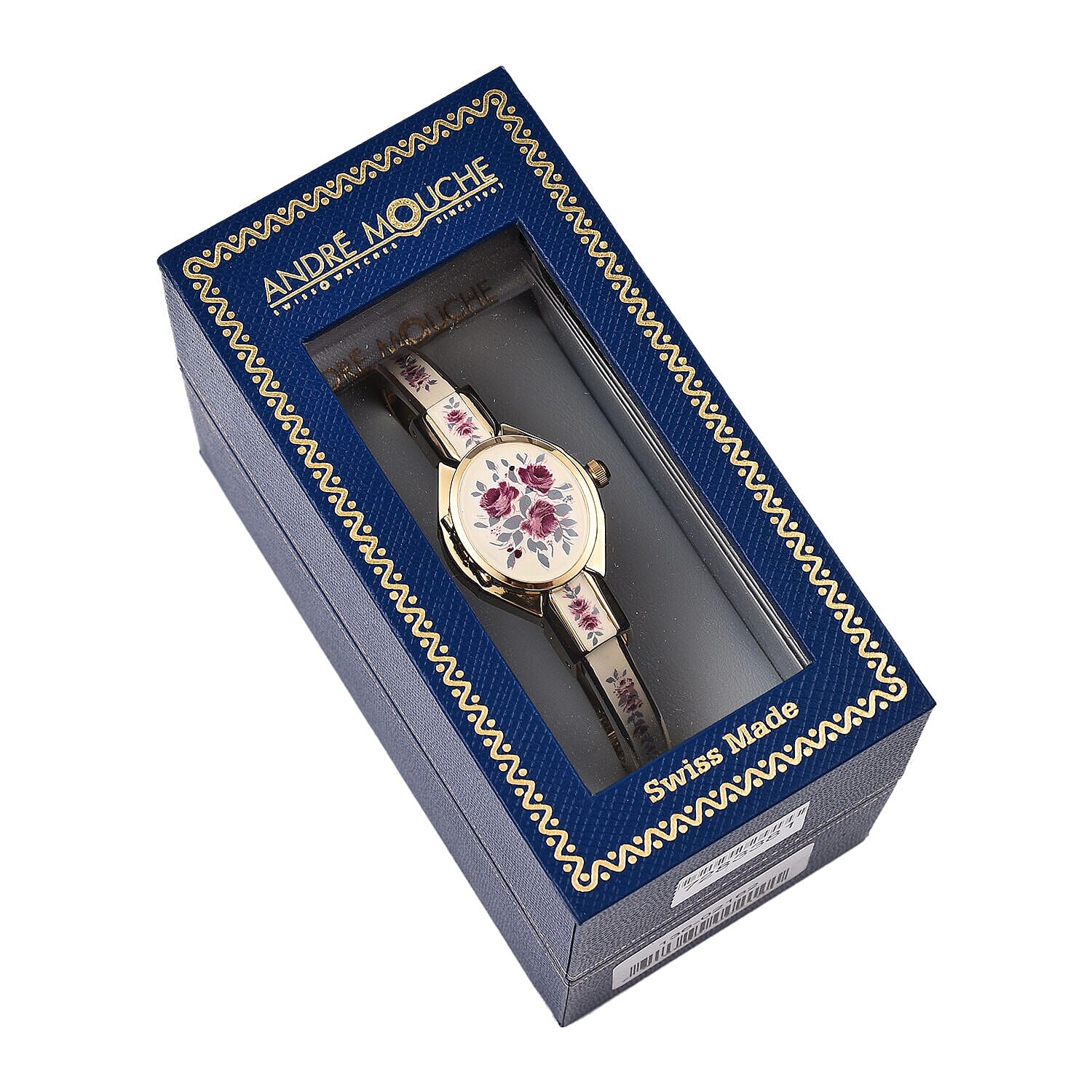 Andre Mouche Swiss Ronda Movement Red Floral Pattern Ladies Bangle Watch (Size 7 - 7.5)