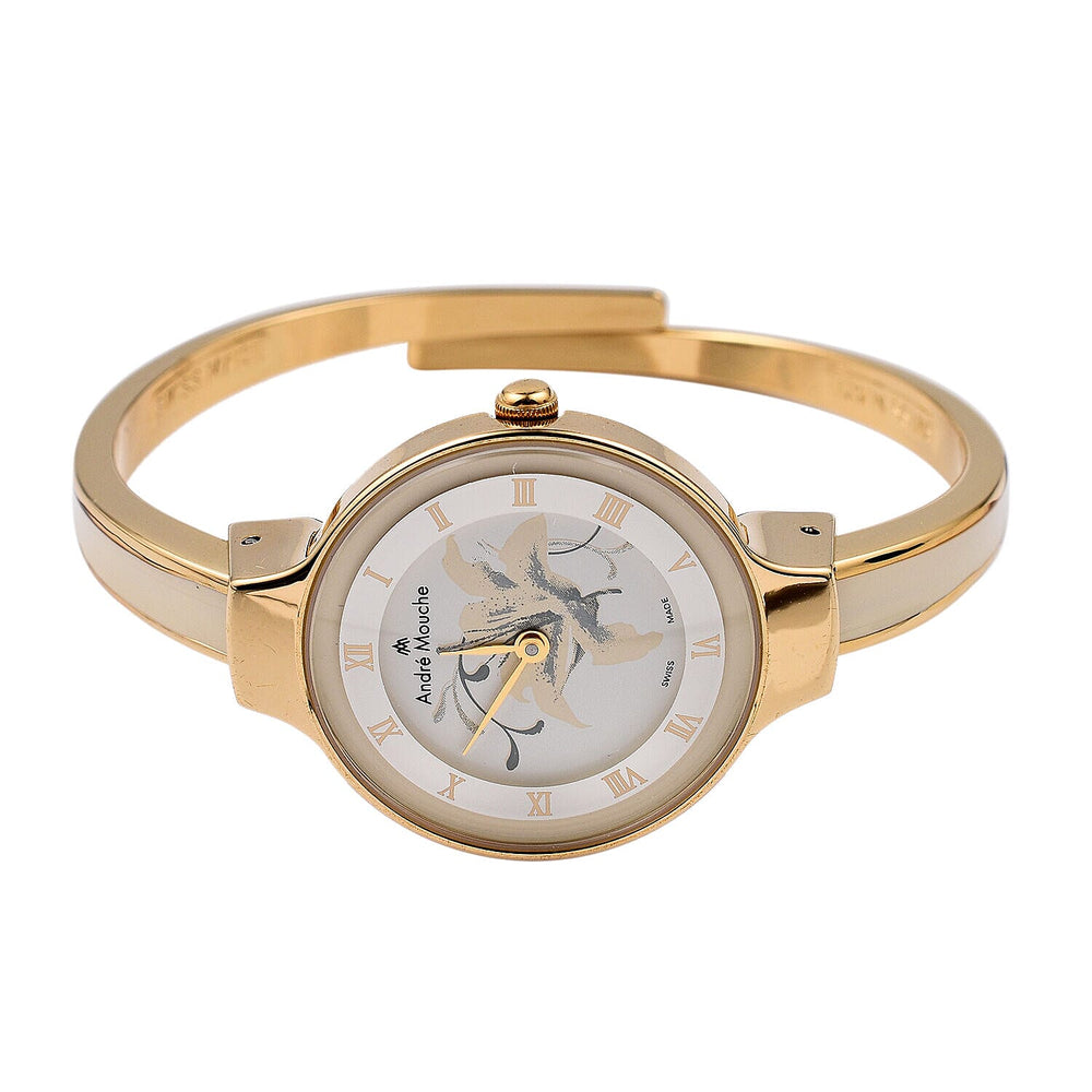 Andre Mouche Swiss Ronda Movement The Gracia Gold White 18K Gold Plated Ladies Bangle Watch (Size 6 - 6.5) in Gold Tone