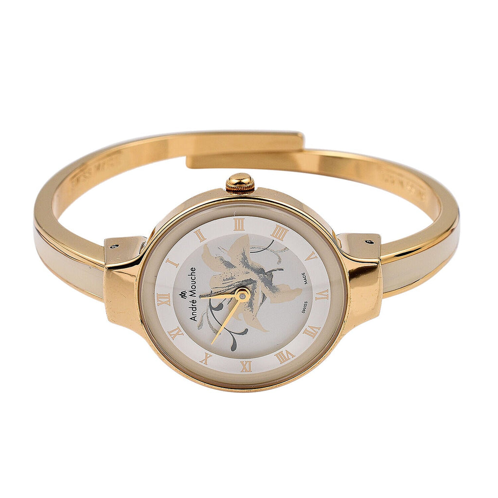 Andre Mouche Swiss Ronda Movement The Gracia Gold White 18K Gold Plated Ladies Bangle Watch (Size 6 - 6.5) in Gold Tone