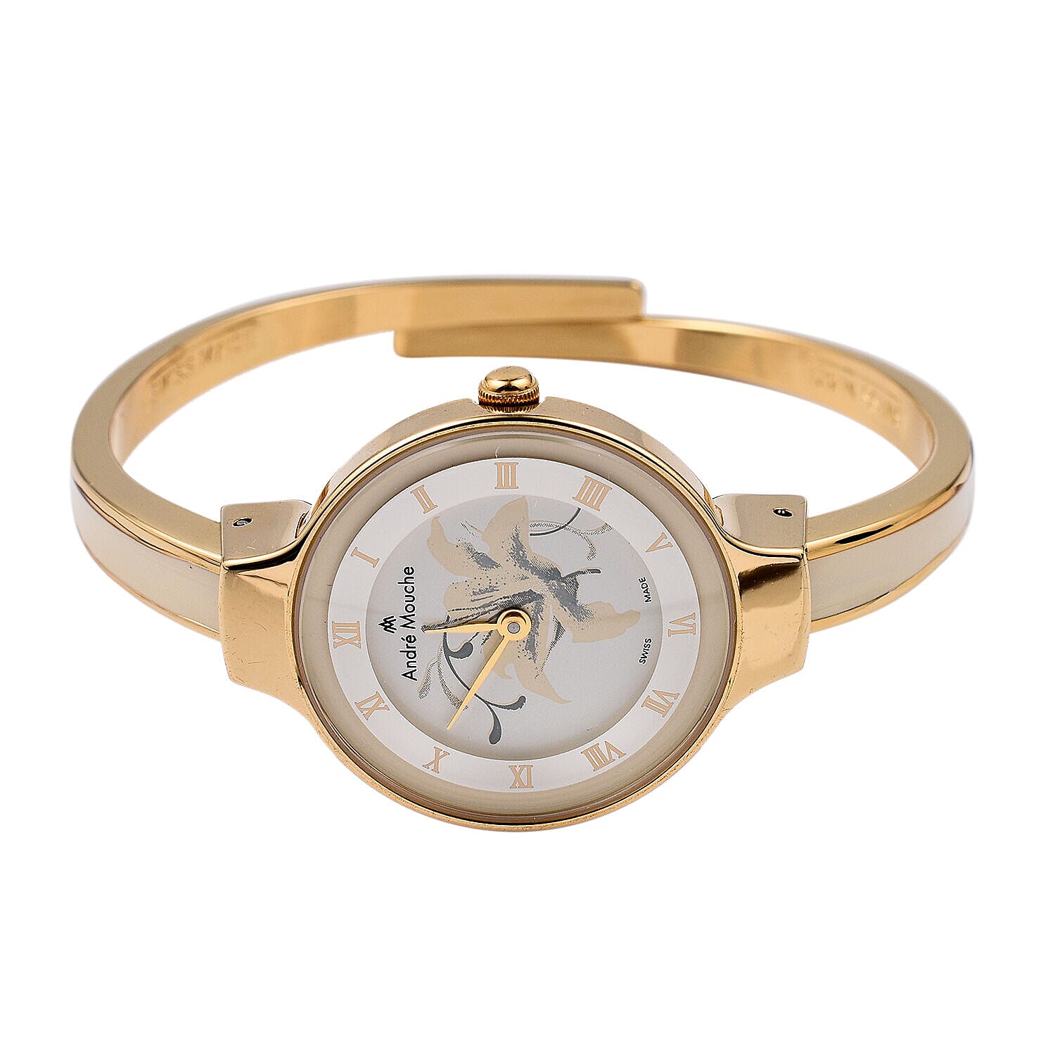 Andre Mouche Swiss Ronda Movement The Gracia Gold White 18K Gold Plated Ladies Bangle Watch (Size 6 - 6.5) in Gold Tone