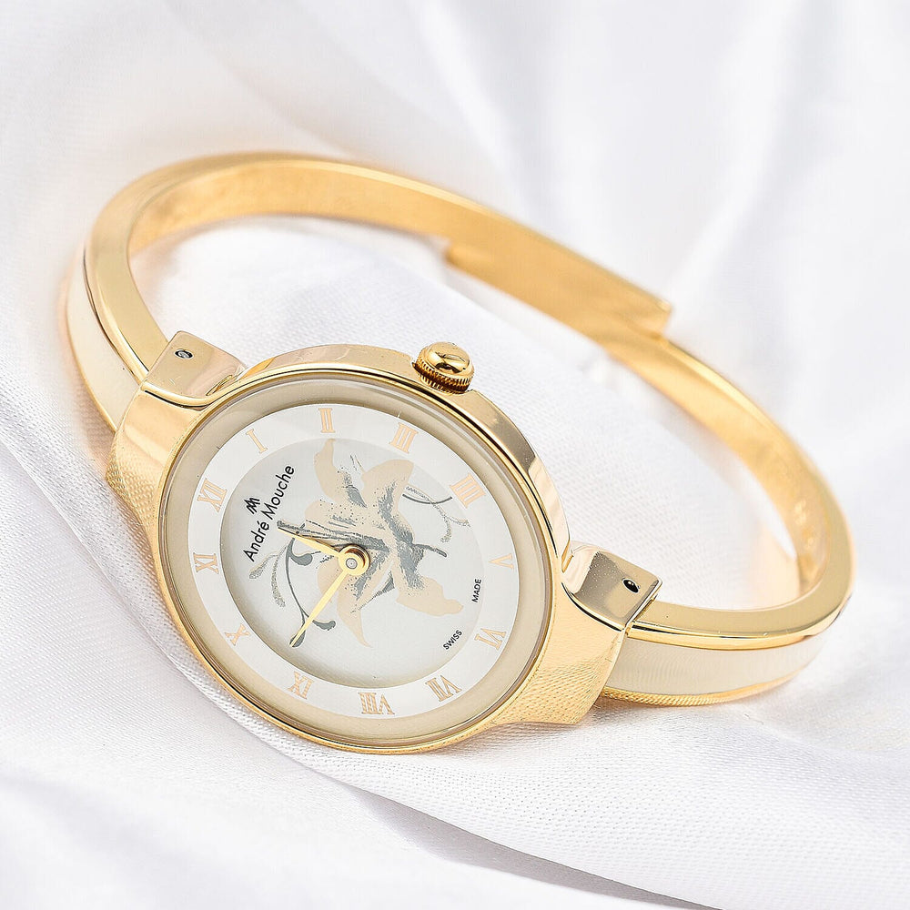 Andre Mouche Swiss Ronda Movement The Gracia Gold White 18K Gold Plated Ladies Bangle Watch (Size 6 - 6.5) in Gold Tone
