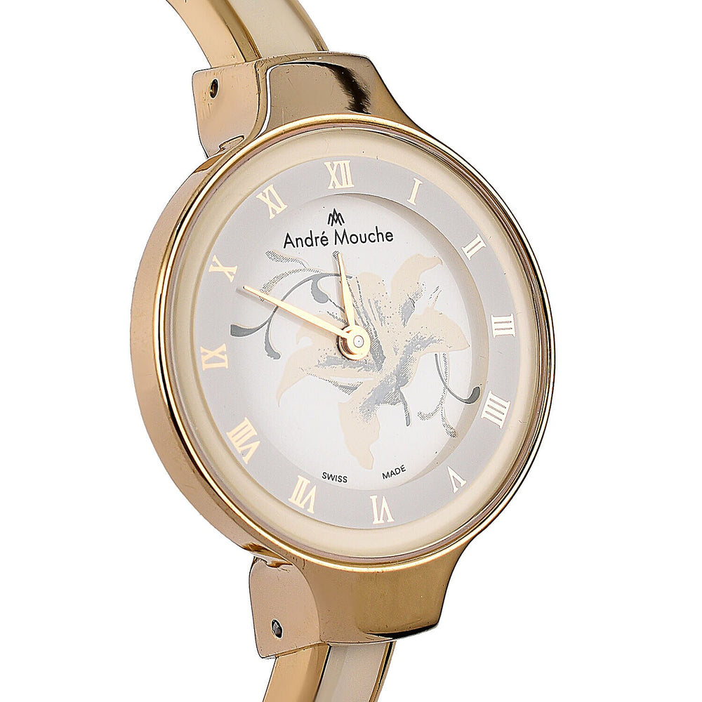 Andre Mouche Swiss Ronda Movement The Gracia Gold White 18K Gold Plated Ladies Bangle Watch (Size 6 - 6.5) in Gold Tone