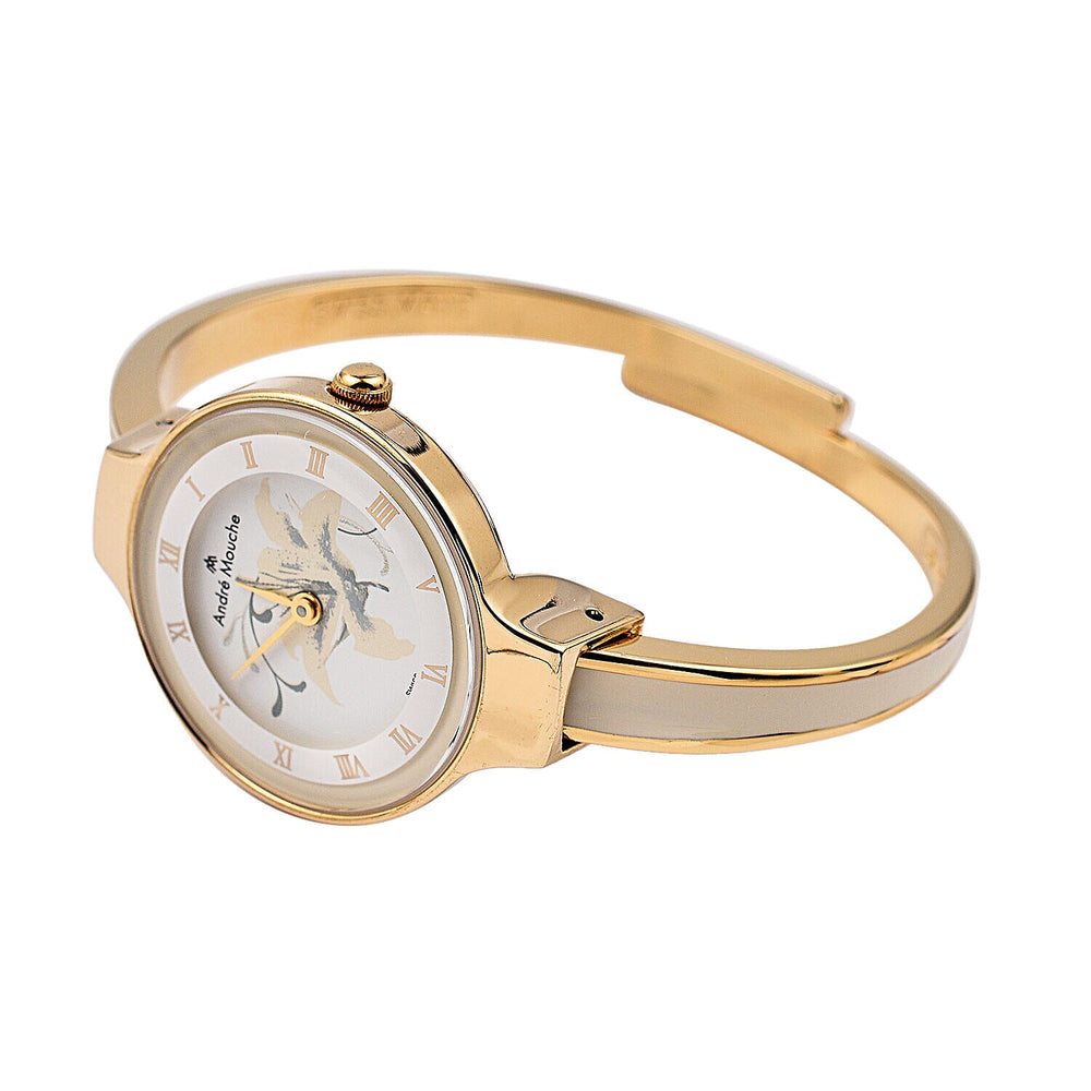 Andre Mouche Swiss Ronda Movement The Gracia Gold White 18K Gold Plated Ladies Bangle Watch (Size 6 - 6.5) in Gold Tone