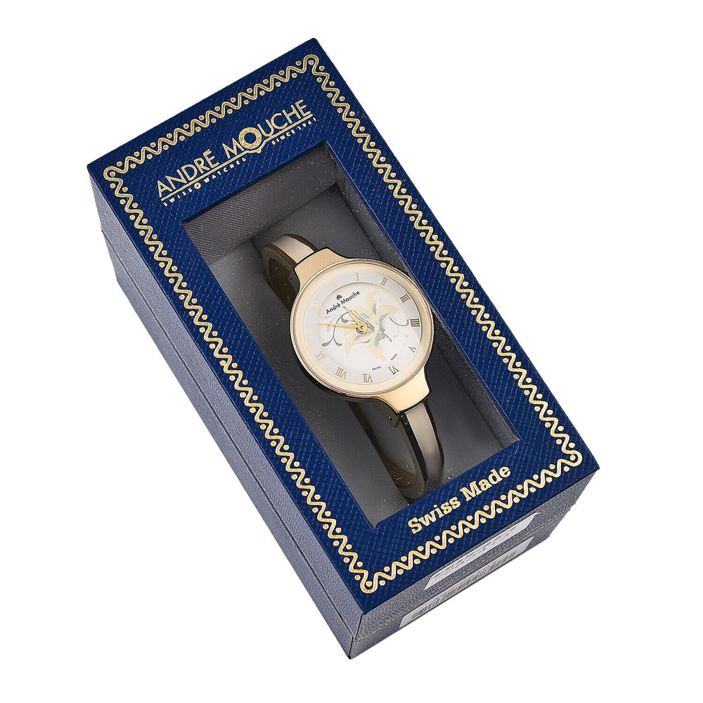 Andre Mouche Swiss Ronda Movement The Gracia Gold White 18K Gold Plated Ladies Bangle Watch (Size 6 - 6.5) in Gold Tone