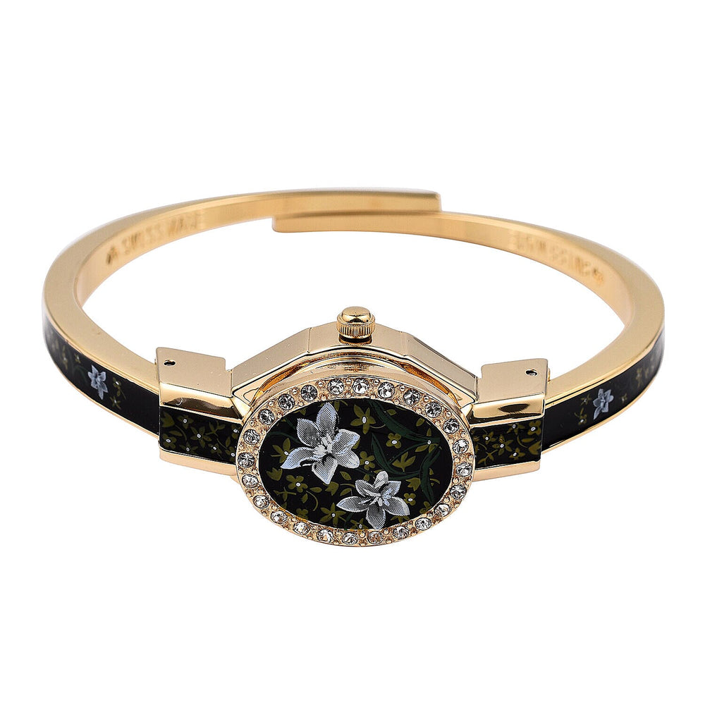Andre Mouche Swiss Ronda Movement White Floral Pattern 18ct Gold Plated Ladies Bangle Watch (Size 6 - 6.5)