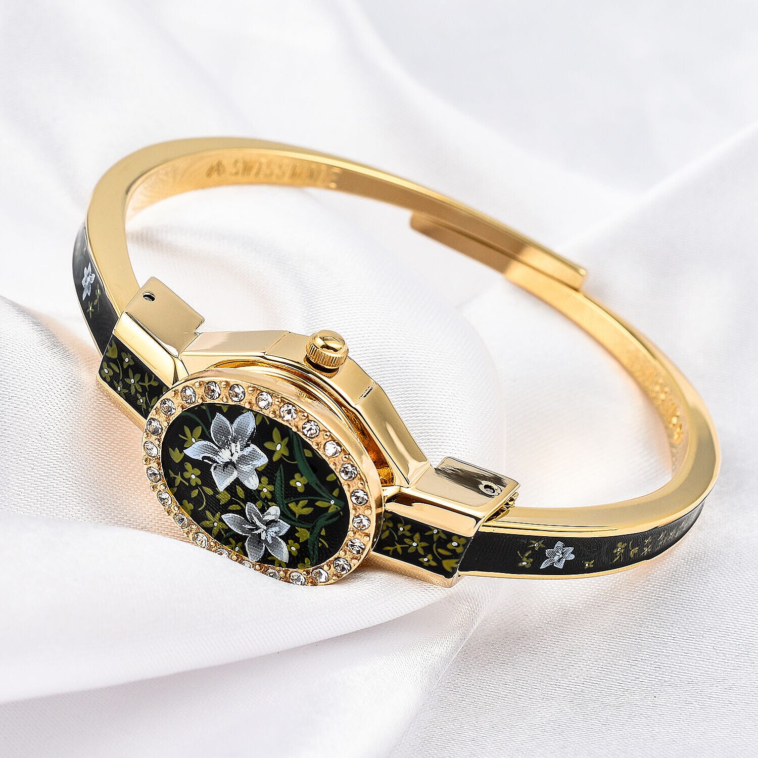 Andre Mouche Swiss Ronda Movement White Floral Pattern 18ct Gold Plated Ladies Bangle Watch (Size 6 - 6.5)