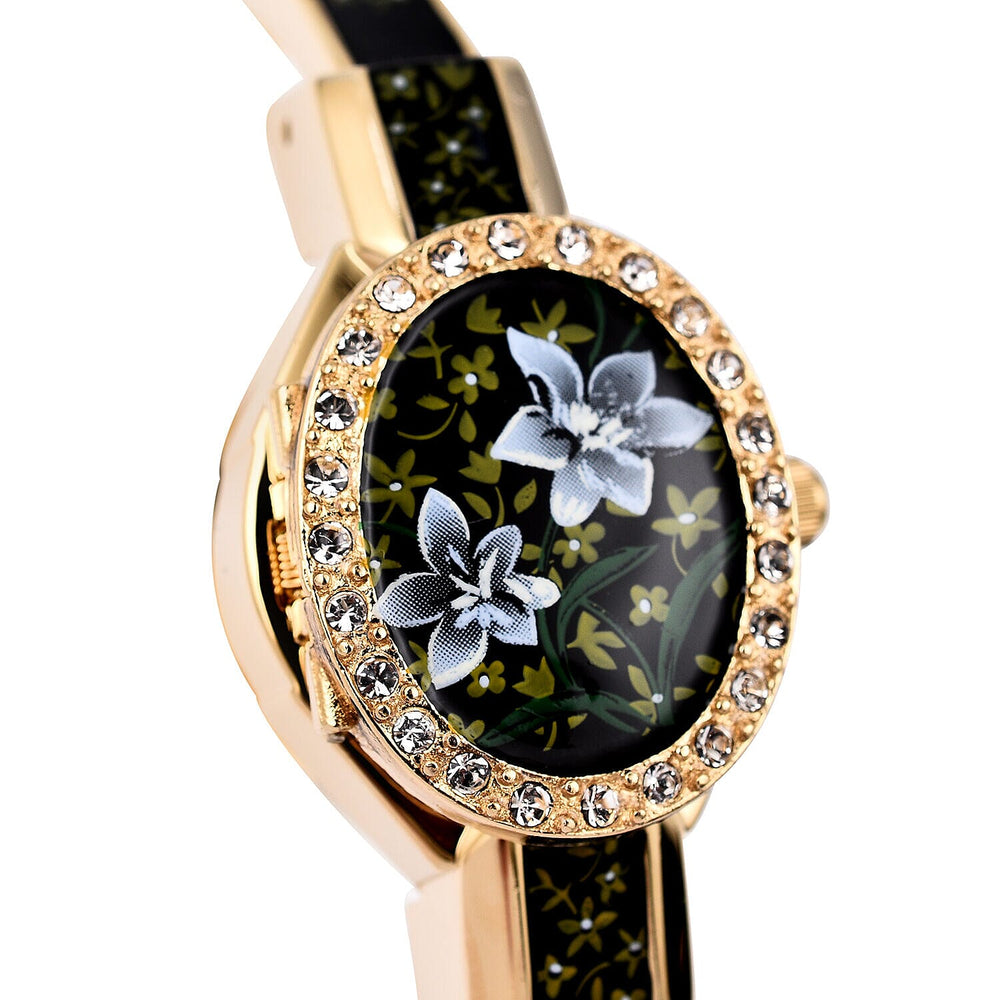 Andre Mouche Swiss Ronda Movement White Floral Pattern 18ct Gold Plated Ladies Bangle Watch (Size 6 - 6.5)