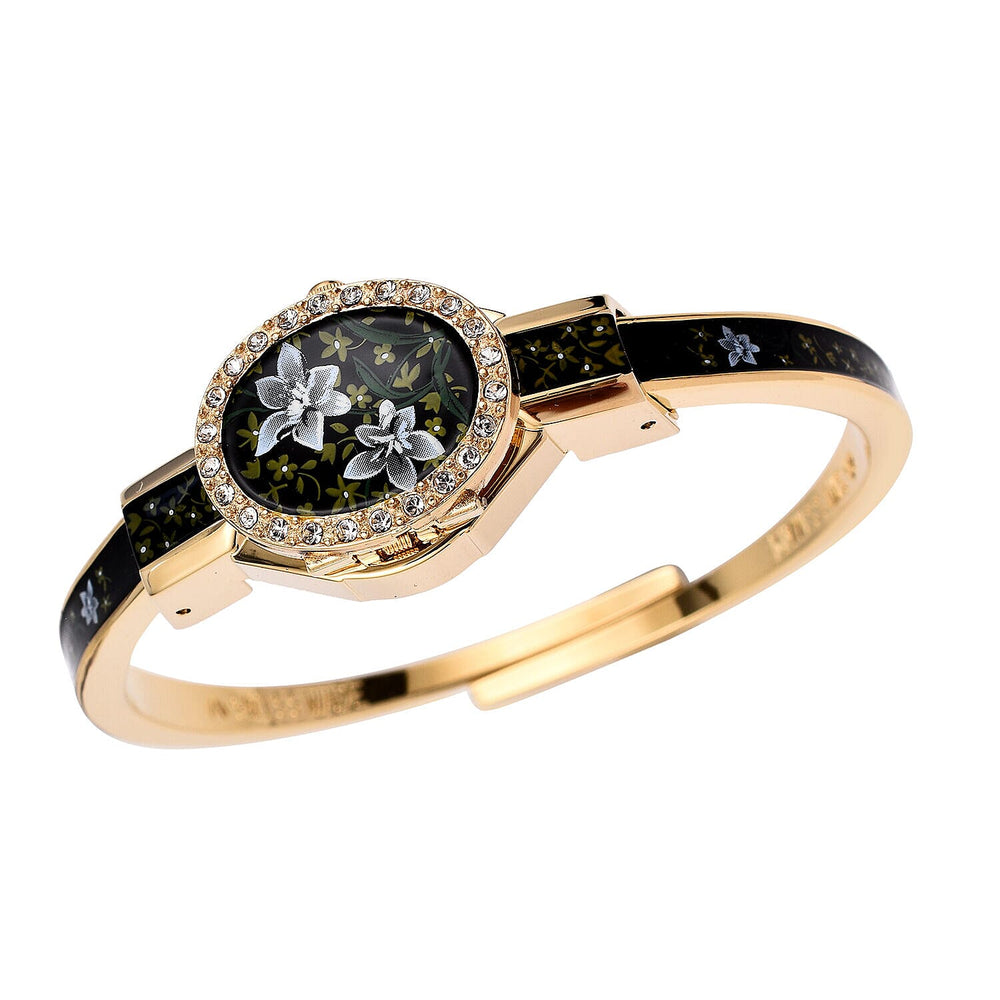Andre Mouche Swiss Ronda Movement White Floral Pattern 18ct Gold Plated Ladies Bangle Watch (Size 6 - 6.5)