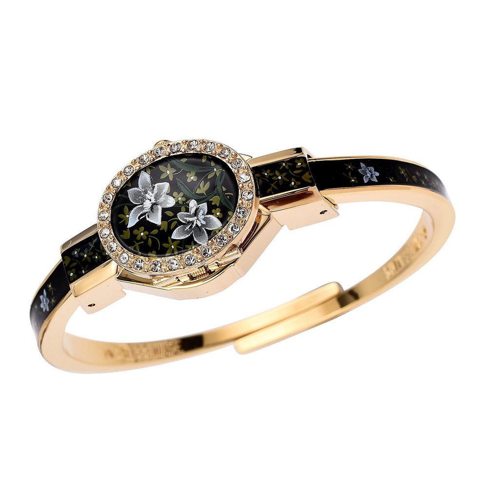 Andre Mouche Swiss Ronda Movement White Floral Pattern 18ct Gold Plated Ladies Bangle Watch (Size 6 - 6.5)