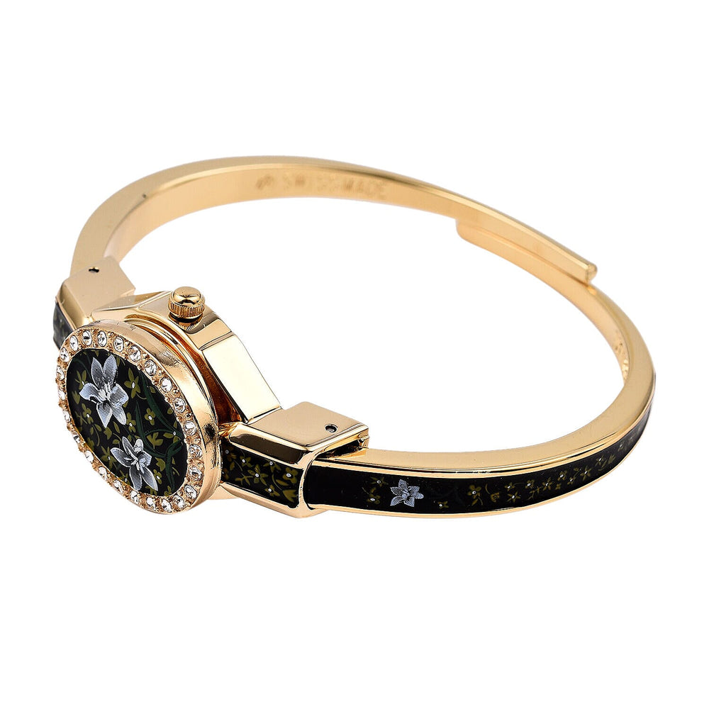 Andre Mouche Swiss Ronda Movement White Floral Pattern 18ct Gold Plated Ladies Bangle Watch (Size 6 - 6.5)