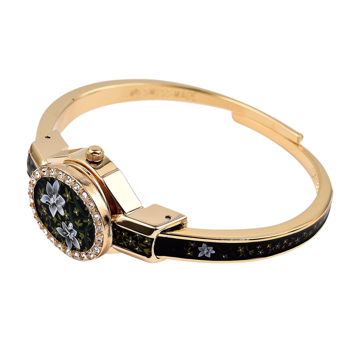 Andre Mouche Swiss Ronda Movement White Floral Pattern 18ct Gold Plated Ladies Bangle Watch (Size 6 - 6.5)