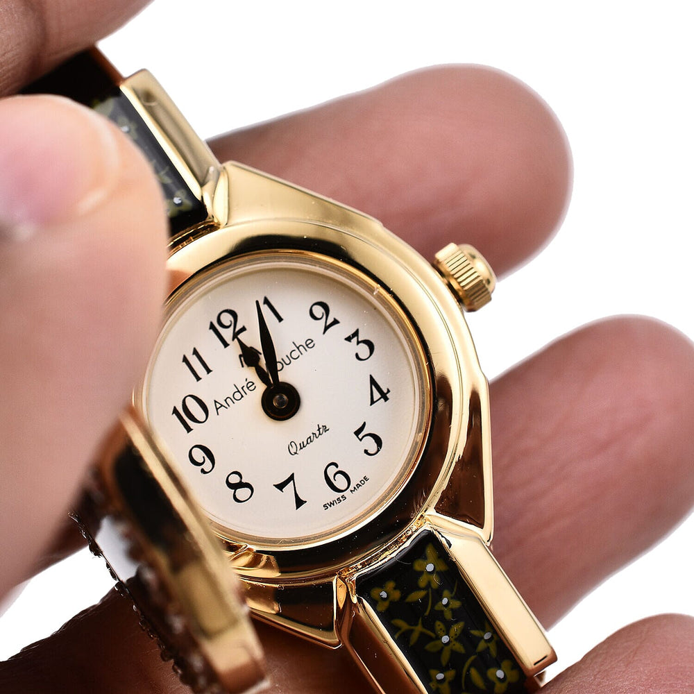 Andre Mouche Swiss Ronda Movement White Floral Pattern 18ct Gold Plated Ladies Bangle Watch (Size 6 - 6.5)